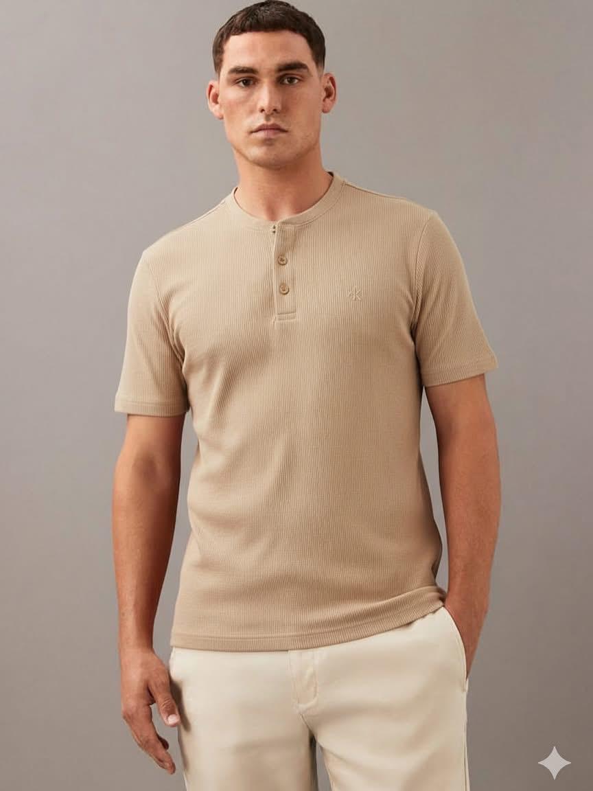Calvin Klein Textured Ribbed Henley Shirt Irish Cream - XL