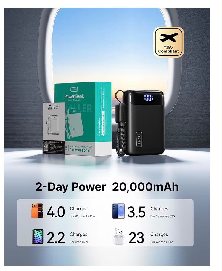 INIU Smallest 20000mAh Power Bank, 22.5W PD Fast Charging