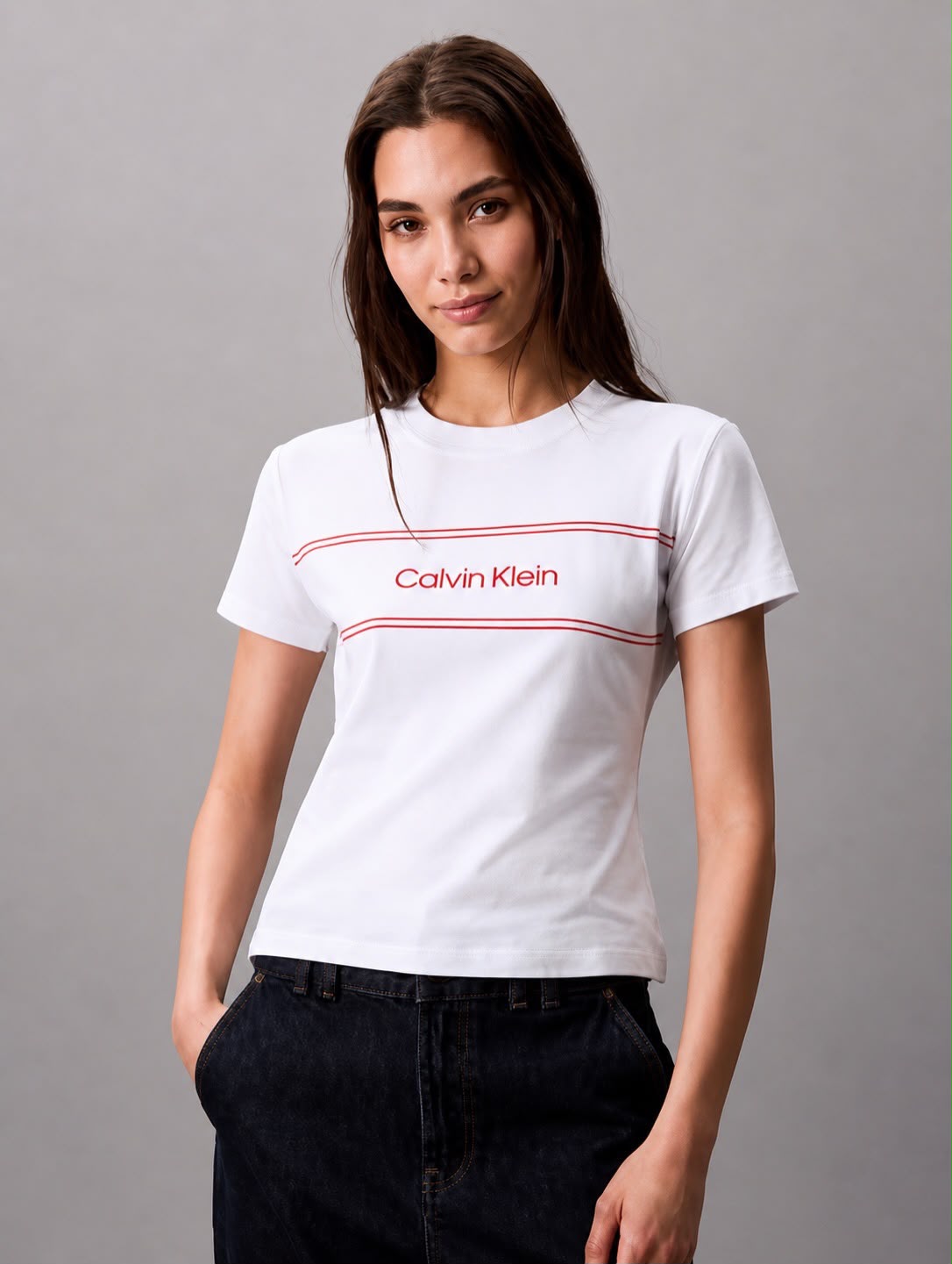 CK Women Stripe Logo Graphic Slim Shirt