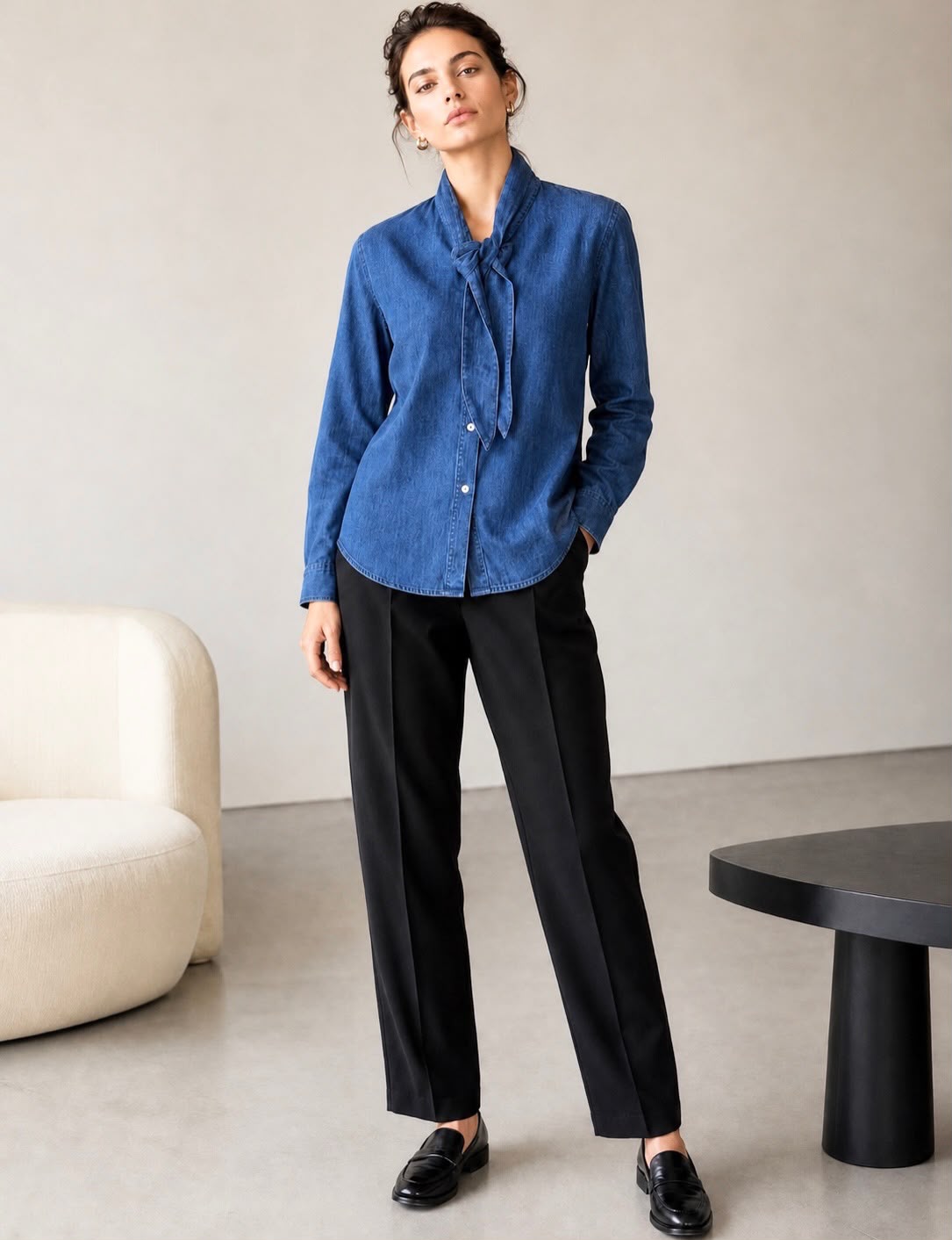 Dotti Denim Tie Neck Shirt Size 12 Medium