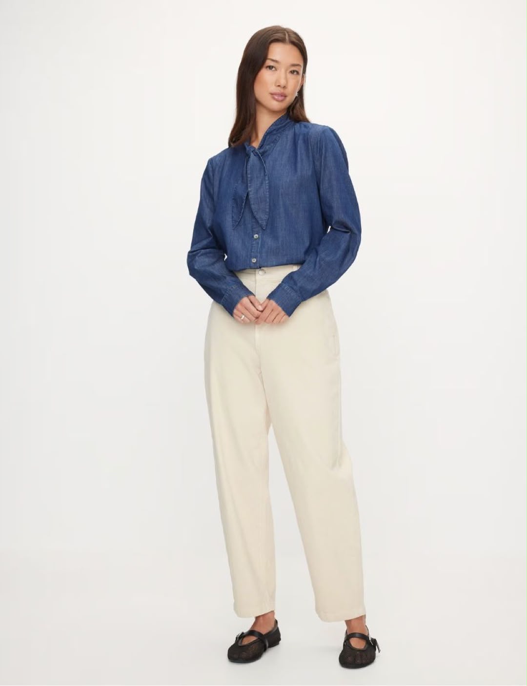 Dotti Denim Tie Neck Shirt Size 12 Medium
